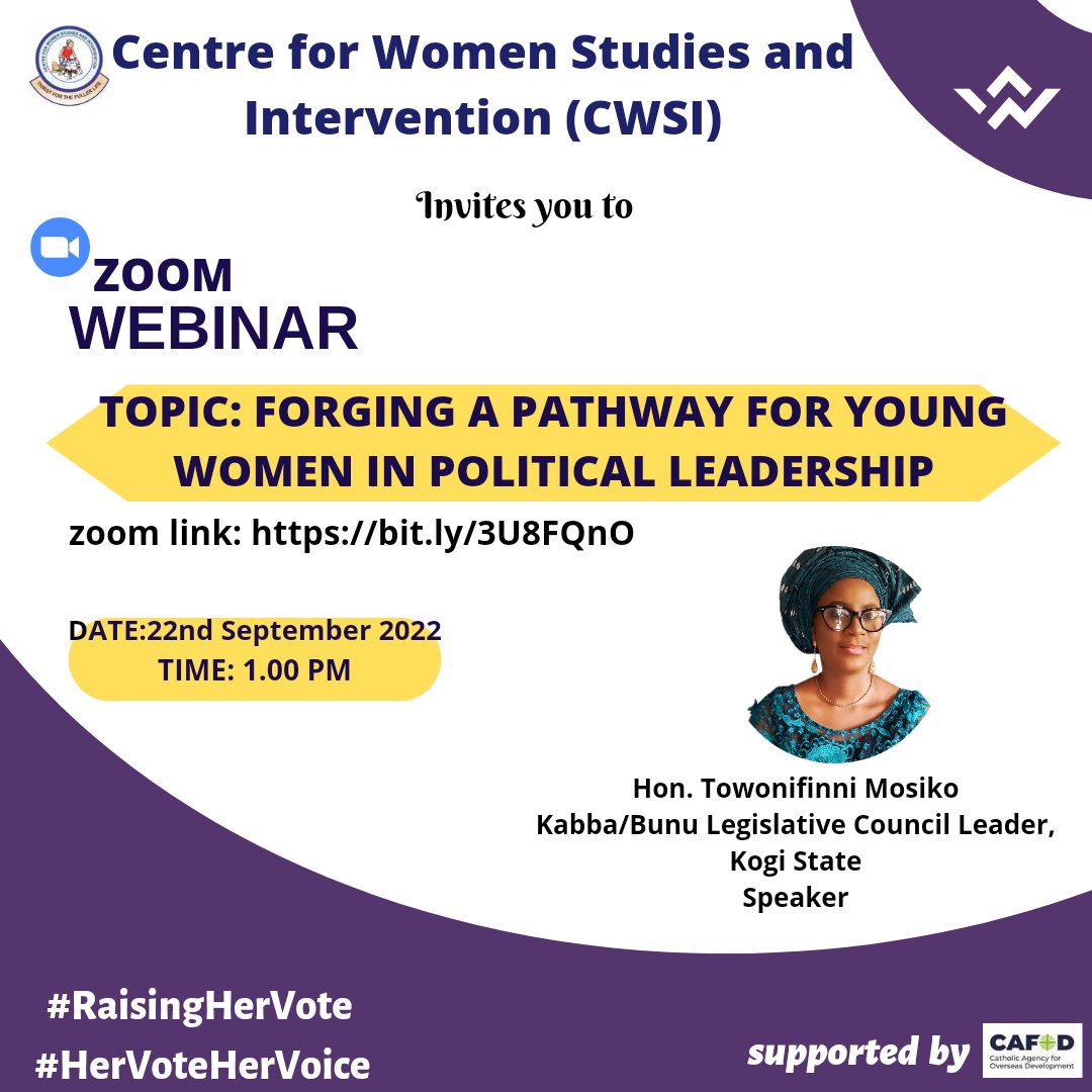 cwsinig123's tweet photo. Reminder!!!

CWSI will be having a Zoom webinar today, time 1.00pm
kindly join using the link.
https://t.co/FEjchnvqxY

#HerVoteHerVoice
#RaisingHerVote
@kellyemeh @CAFOD @Moshoodpm @EhiOmoragbon @AFF001 @UNWomenWatch https://t.co/gDZljSqQ9P