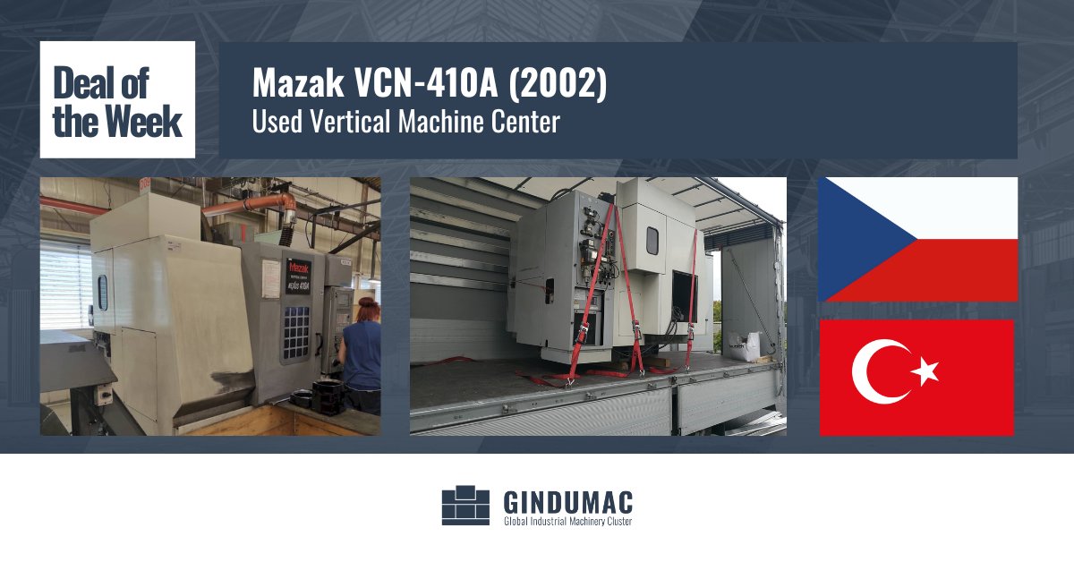gindumac's tweet photo. Deal of the Week!

Used Vertical Machine Center, Mazak VCN-410A (2002), sold from the Czech Republic to Turkey, EXW, 2533 km to go.

See machine: https://t.co/Ct3UbJCVVS

#gindumac #usedmachinery #verticalmachinecenter #vmc #mazak  #dealoftheweek https://t.co/lu6g3wgQeZ
