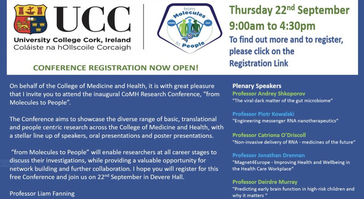 UCCMedHealth's tweet image. Our programme for today’s @UCCMedHealth Research Conference ‘from Molecules to People’ #fM2P #UCCResearch