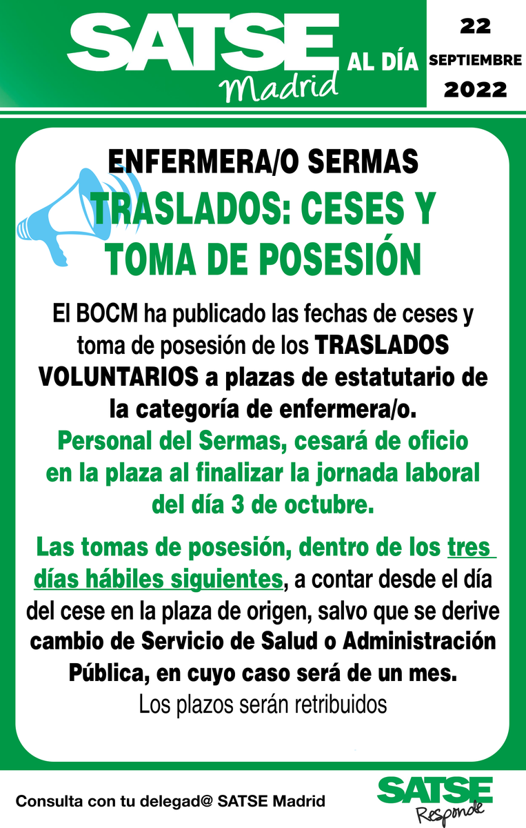 SATSE_Madrid's tweet photo. 🚨🚨 Concurso de Traslados: Enfermeras 🚨🚨
Publicadas fechas de ceses y tomas de posesión en BOCM
Adjudicatarios de nuevas plazas y vinculados previamente con el Sermas:
Cese👉 fin jornada 3/10/22
Toma de posesión👉 3 días hábiles tras al cese
Más info👉 https://t.co/n2AJ6bxzaN https://t.co/nc4J37ldFE