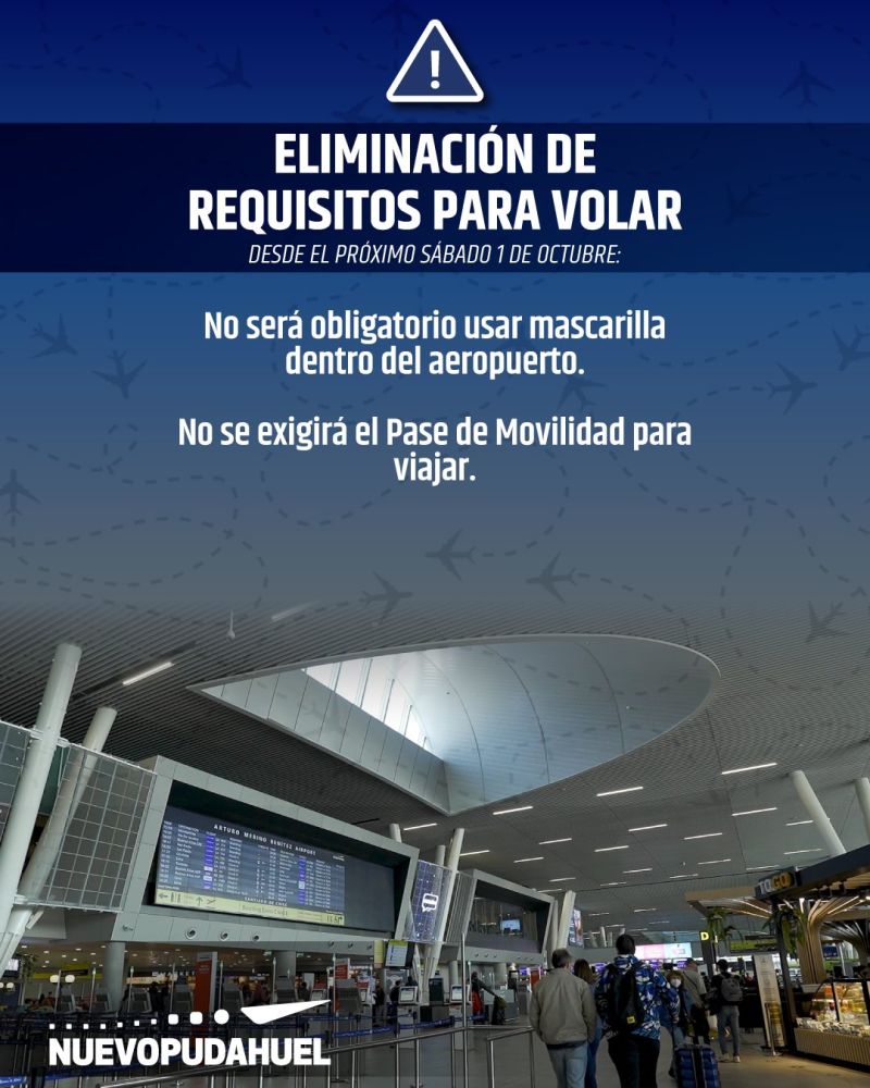 TSecurity_Pe's tweet photo. #Chile | Desde el 1 de octubre, no será necesario usar mascarilla en el Aeropuerto Int. de Santiago ni se exigirá el Pase de Movilidad para viajar. Se mantiene la exigencia del certificado de vacunación o PCR negativo máximo 48 horas previo al viaje para pasajeros no residentes. https://t.co/1rovtl1Xzd