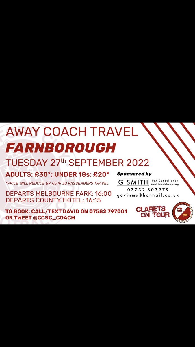Farnborough away is coming up soon!
Now under one week away, details of the supporters’ club coach are below.
As usual, we will reduce the fares by £5 if sufficient numbers travel.
One way bookings are also possible for those working in London and travelling direct to the ground.