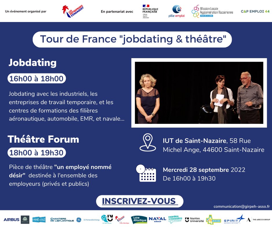 Opportunités d'emploi. Les entreprises s'engagent organise le 28 septembre un JobDating à l'IUT de St Nazaire. Pour vous inscrire : contacter votre conseiller Pôle emploi ou retrouvez cet évènement sur notre application Mes Evènements Emploi : : mesevenementsemploi.pole-emploi.fr/mes-evenements…