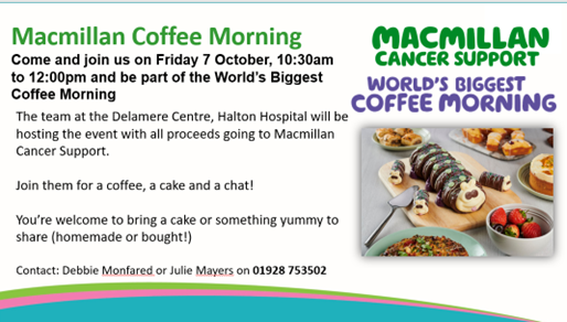 Please join us for our first @TeamMacmillan Coffee morning at @WHHNHS Delamere Centre Halton 🧁☕️ @Kimberley_S_J @WHHFTChair @PRFitzsimmons @NHSCandM @haltonhaven @StRoccos @saramarieblack1 @PaulCorless1 @WRCSC @lucycgardner @SaagarJPatel @myobstetrician