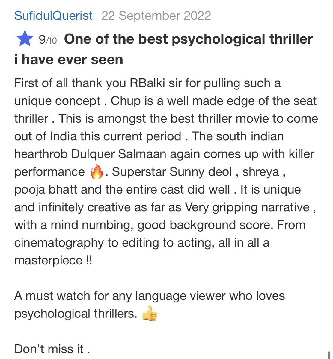 #Chup My review on @IMDb !! 

⭐️⭐️⭐️⭐️.✨

#DulquerSalmaan #ChupRevengeOfTheArtist 
@dulQuer #RBalki @iamsunnydeol @shreyadhan13 @PoojaB1972 @HopeProdn