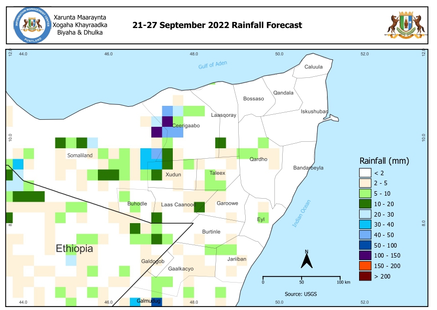 imc_puntland's tweet photo. Puntland weekly rainfall forecast 21- 27 September 2022 
📌As shown on the forecast map, some localized areas of the Sool, Sanaag, and Cayn regions are expected to receive light to moderate rain over the next week.
📌 Extreme drought persists across the #Puntland regions. https://t.co/K94YTQMUKR