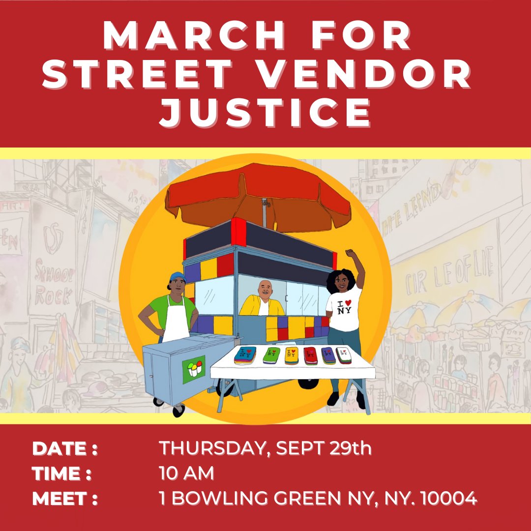 Street vendors are a critical part of NYC, and deserve the right to work with dignity. Vendors demand resources, stability &amp; investment - far more than just enforcement

Join vendors &amp; allies to March for Street Vendor Justice!

🗓️Thursday Sept 29
⏰10 AM
📍1 Bowling Green