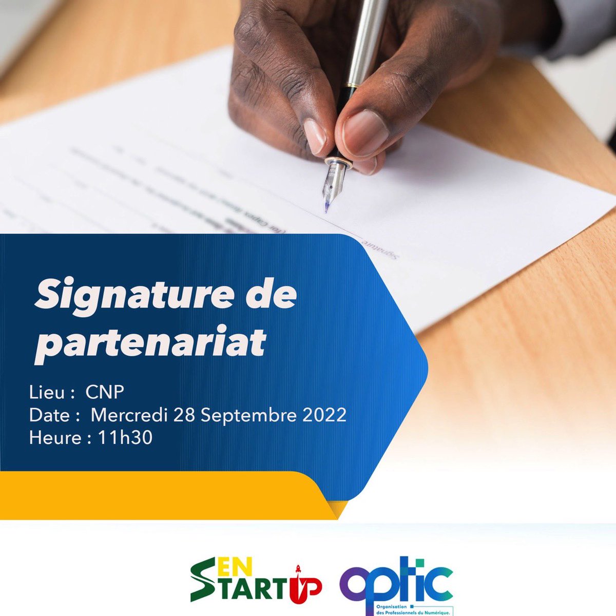 senstartup's tweet photo. SENSTARTUP et OPTIC signerons un partenariat le 28 septembre 2022.
Celui-ci à comme objectif de :
- représenter ensemble les Startups,
- renforcer l’accompagnement des startups vers plus de croissance,
- redynamiser et Fédérer l’écosystème.
#senstartup #optic #partenariat #tic https://t.co/gOUvvzzhTS