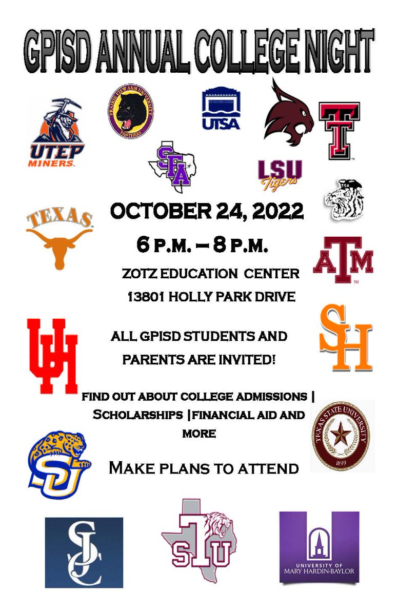 GalenaParkISD's tweet photo. SAVE THE DATE: College Night 
Date: October 24
Time: 6 pm - 8pm 
Location: Zotz Education Center (13801 Hollypark Drive) https://t.co/8C32pS10jd