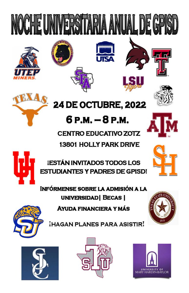 GalenaParkISD's tweet photo. SAVE THE DATE: College Night 
Date: October 24
Time: 6 pm - 8pm 
Location: Zotz Education Center (13801 Hollypark Drive) https://t.co/8C32pS10jd