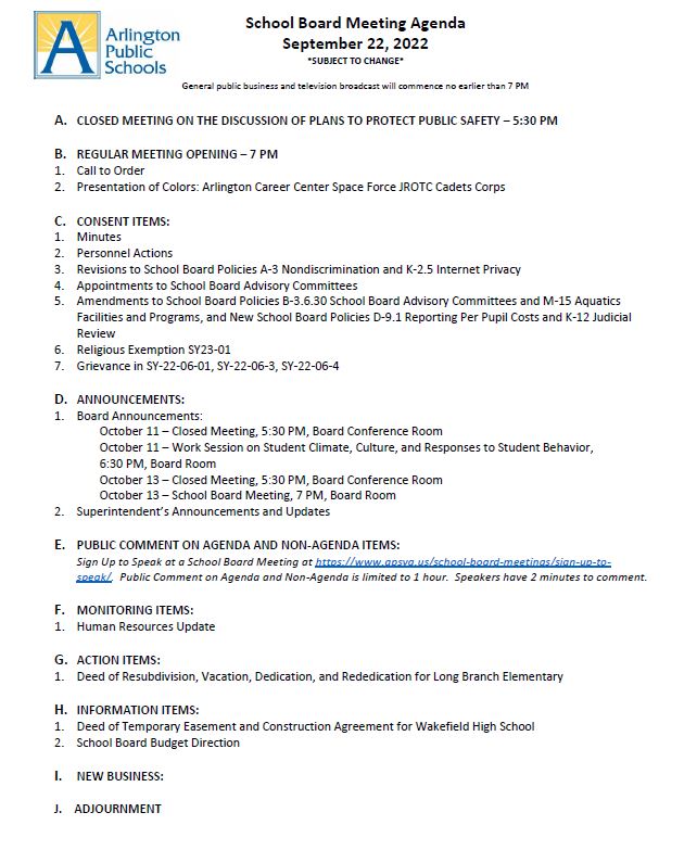 The agenda for today's September 22, 2022, @ 7 pm, SB Meeting is posted on BoardDocs:
<a target='_blank' href='https://t.co/4l4LELbDUE'>https://t.co/4l4LELbDUE</a> - Subject to change.

Meetings are available for viewing live on the APS website <a target='_blank' href='https://t.co/OxE5eTLJcd'>https://t.co/OxE5eTLJcd</a>…
Broadcast on Comcast Cable Channel 70 & Verizon FIOS Channel 41 <a target='_blank' href='https://t.co/qcklj8YtEM'>https://t.co/qcklj8YtEM</a>