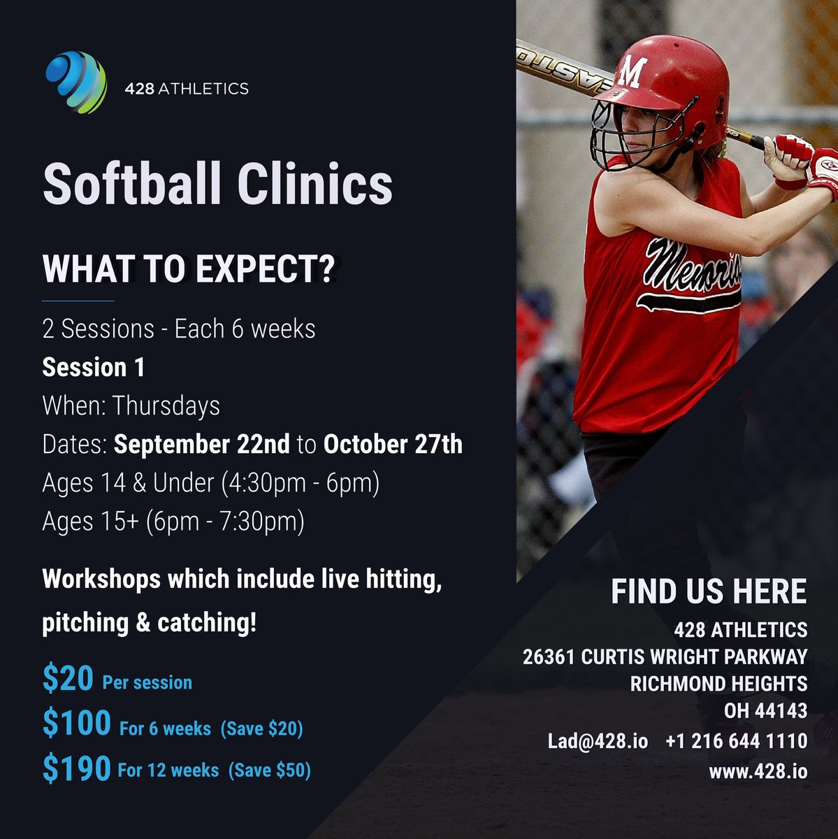 We’re swinging into Thursday with our Softball Clinics! 🥎 

These workshops include live hitting, pitching &amp; catching. Come along and improve your skills!

If you haven’t already registered and want to come along. Head over to 428.io/events 📲