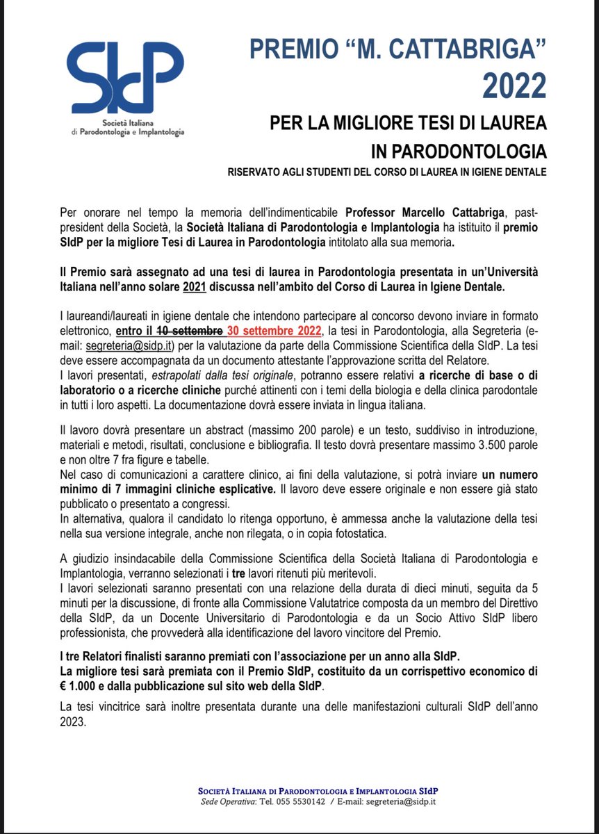 SIdP_I's tweet photo. Scadenza invio lavori per la partecipazione all'assegnazione del PREMIO M. CATTABRIGA è stata posticipata al 30 settembre 2022 !!!! https://t.co/RpIrKUfSRY