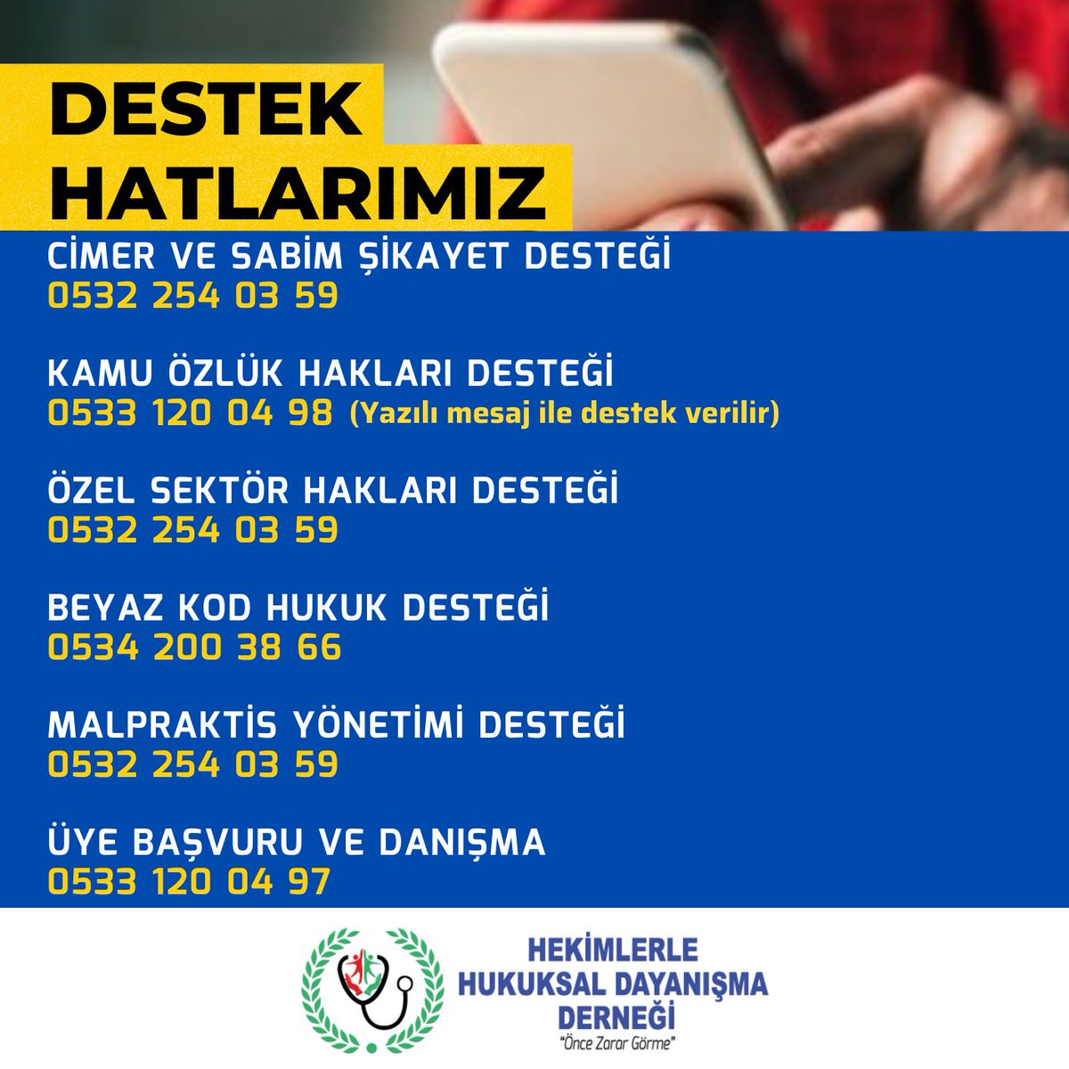 Soru, danışmanlık ve başvuru için destek hatlarımızdan bize ulaşabilirsiniz.
📍Not: Kamu Özlük Hakları Destek Hattımızdan ve Beyaz Kod Destek Hattımızdan dönüş alamamanız halinde, 0532 254 03 59 numaralı destek hattımızı arayabilirsiniz.
#hhdd #doktor #hekim #dektek