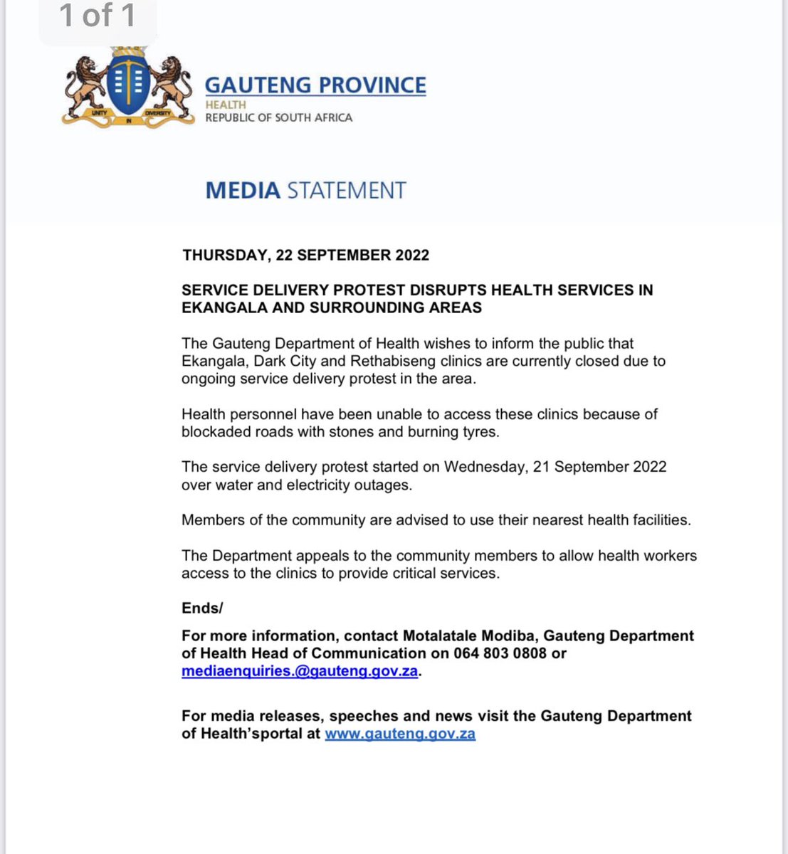 The Gauteng Department of Health wishes to inform the public that Ekangala, Dark City and Rethabiseng clinics are currently closed due to ongoing service delivery protest in the area.