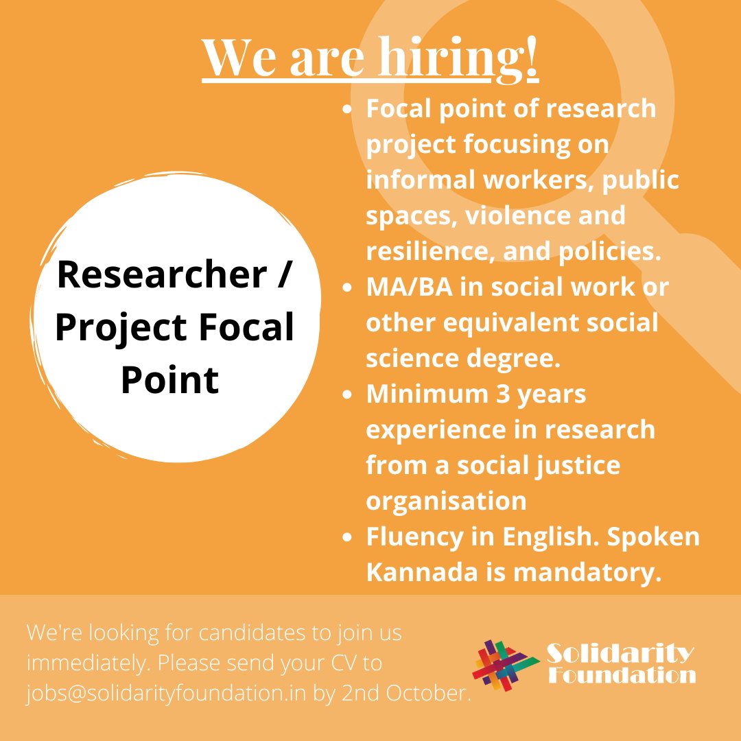 SolidarityFoundation (@solidarityfound) on Twitter photo We are #hiring!
This role involves project management and research. We believe in affirmative action and encourage folks from marginalised backgrounds to apply.
Read more about the role here: bit.ly/JD-SF-GSG
Send in your CVs: jobs@solidarityfoundation.in | 2nd Oct. We are #hiring!
This role involves project management and research. We believe in affirmative action and encourage folks from marginalised backgrounds to apply.
Read more about the role here: bit.ly/JD-SF-GSG
Send in your CVs: jobs@solidarityfoundation.in | 2nd Oct.