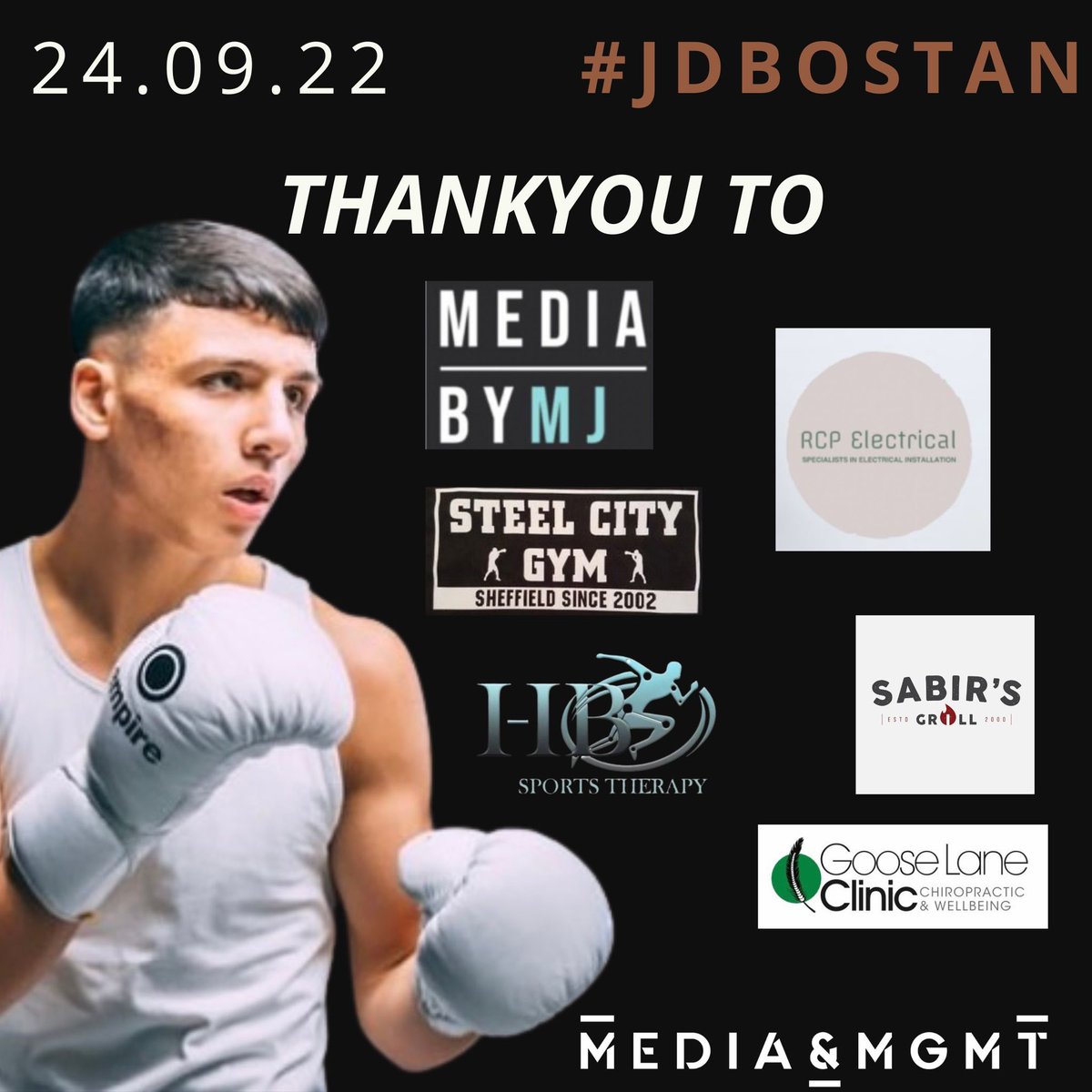 PointOne_mgmt's tweet photo. Time to shine for @jdbostan this Saturday at Nottingham Arena ✨🥊

Thankyou to sponsors for your support in Junaid’s journey 🙌🏽

Media by MJ 
@RcpLtd 
@steelcitygym02 
Sabirs Grill 
@GooseLaneClinic 
@HBSportsTherapy 

#junaidbostan #nottingham #mediamgmt #infromthestart https://t.co/Y96c2yNCEJ