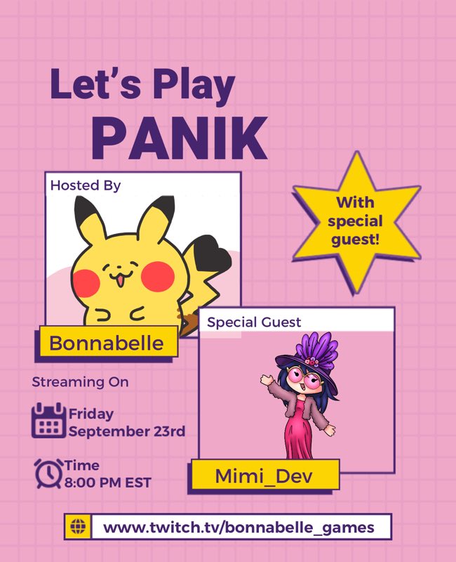 Tomorrow at 8 PM EST I’ll be playing Panik with my friend <a href="/MimiDevRblx/">Mimi_Dev</a>! Follow twitch.tv/bonnabelle_gam… and catch the stream :)