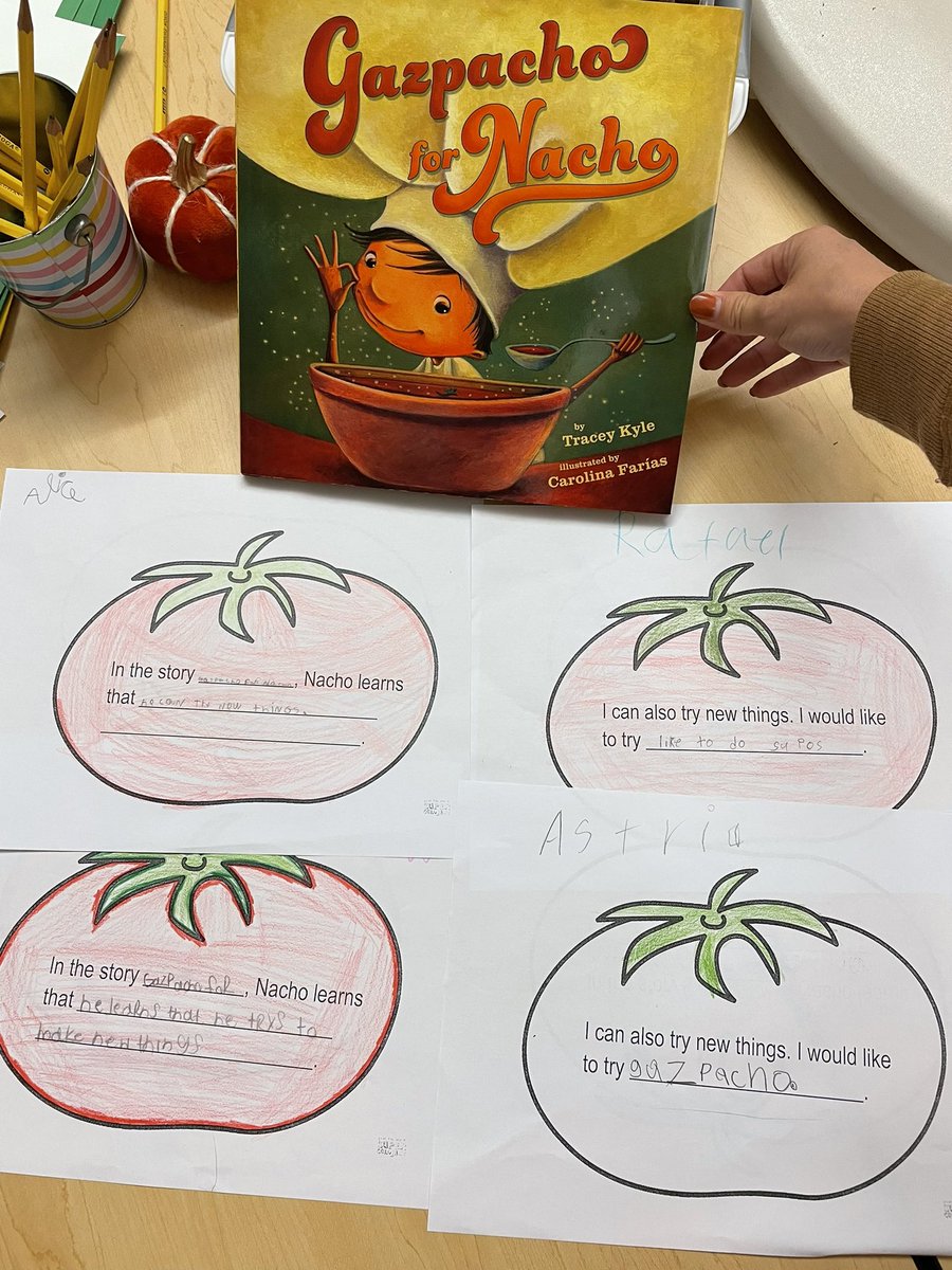 3rd graders are identifying lessons in stories in ELA. How do we tie that into our ESL groups? We read the Whittemore fan favorite “Gazpacho for Nacho” where Nacho learns to try new things! Then we write sentences and think about how we can connect this lesson to our lives!