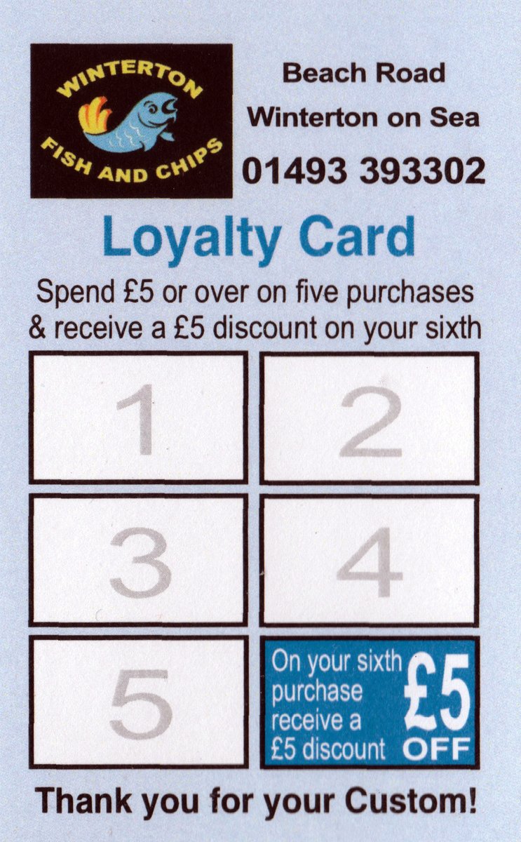 Winterton0nSea's tweet image. ADRIAN &amp;amp; Lynne at the Fish Bar have introduced a loyalty card scheme for regulars. Spend £5 or more &amp;amp; receive a £5 discount on your sixth purchase. There's no expiring date &amp;amp; the scheme is ongoing. Pick yours up from the chippy. #WintertonOnSea #FishBar #FishAndChips #LoyaltyCard