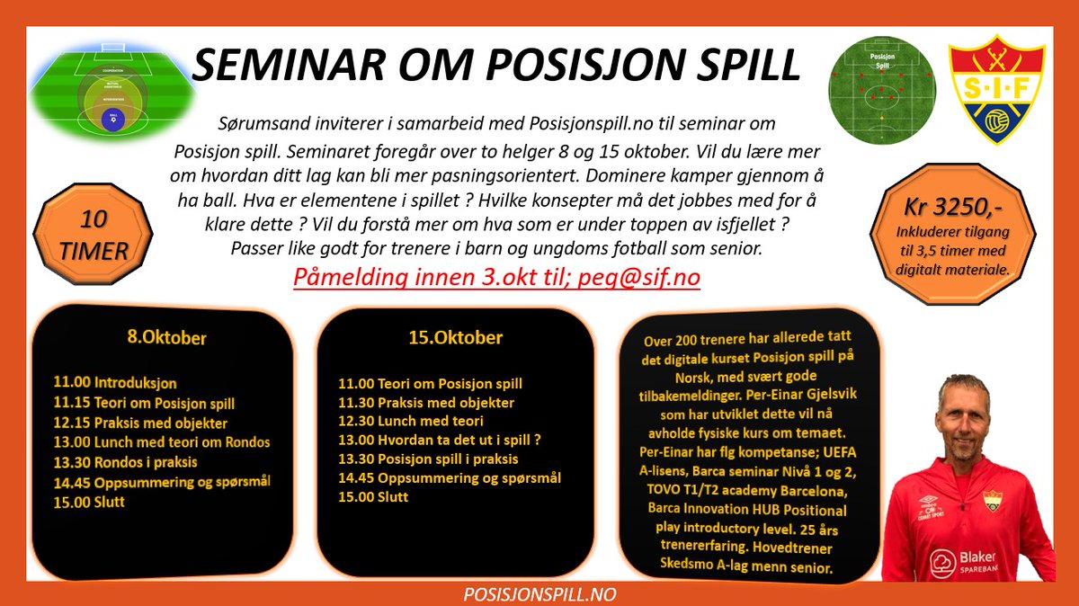 I oktober inviterer vi fotballtrenere til seminar om Posisjon spill i Sørumsand idrettspark. Se invitasjon for mer informasjon. Vi har positive signaler fra NFF om at dette kan godkjennes som etterutdanning for B-lisens. Ingen krav om lisens for å melde seg på seminaret.