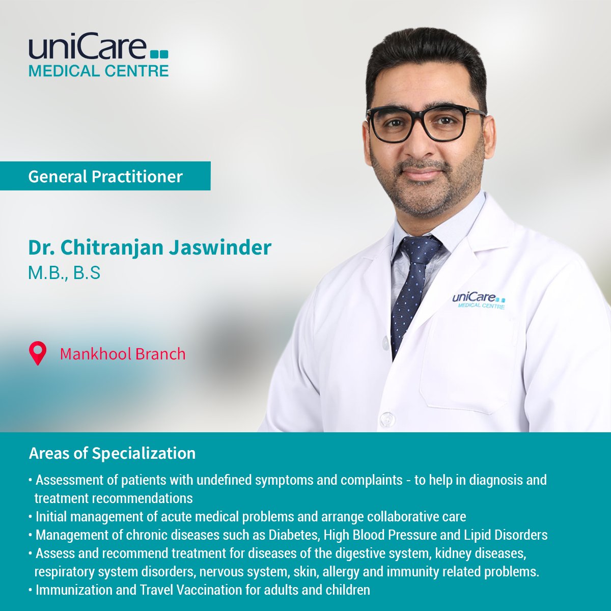 uniCaredubai's tweet photo. Dr. Chitranjan (General Practitioner) is available for consultation at uniCare Mankhool.

Call 04 352 9292 for appointments. https://t.co/yClkiGANrj