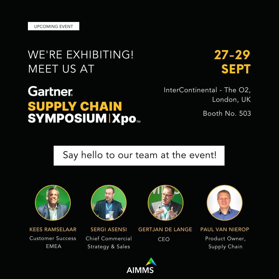 If you are attending the <a href="/Gartner_inc/">Gartner</a> EMEA Supply Chain Symposium/Xpo™ in London this year, swing by and meet our team to know how AIMMS can help you make better #supplychain decisions.🤝