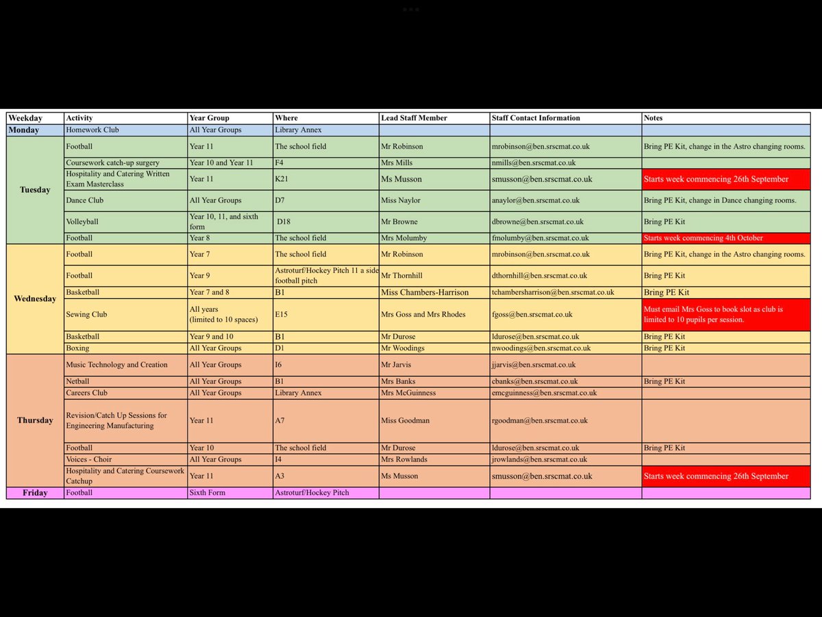 SaintBenRedTeam's tweet photo. Here is the Beyond the classroom timetable… please get yourself involved and try new activities! 
Grab a cookie and a drink from the dining hall before your club. See previous post about late bus to get home. #getinvolved https://t.co/lcybCsFduL