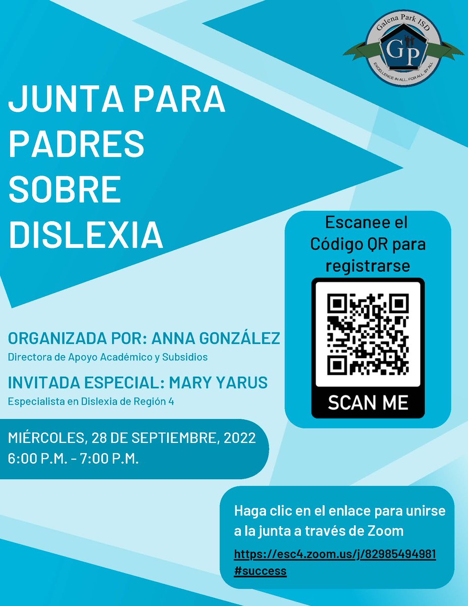 SAVE THE DATE: The Virtual Dyslexia Parent 
DATE: Wednesday, September 28
TIME: 6:00 p.m. - 7:00 p.m. 

Click the link below to register: 
docs.google.com/.../1FAIpQLScc…