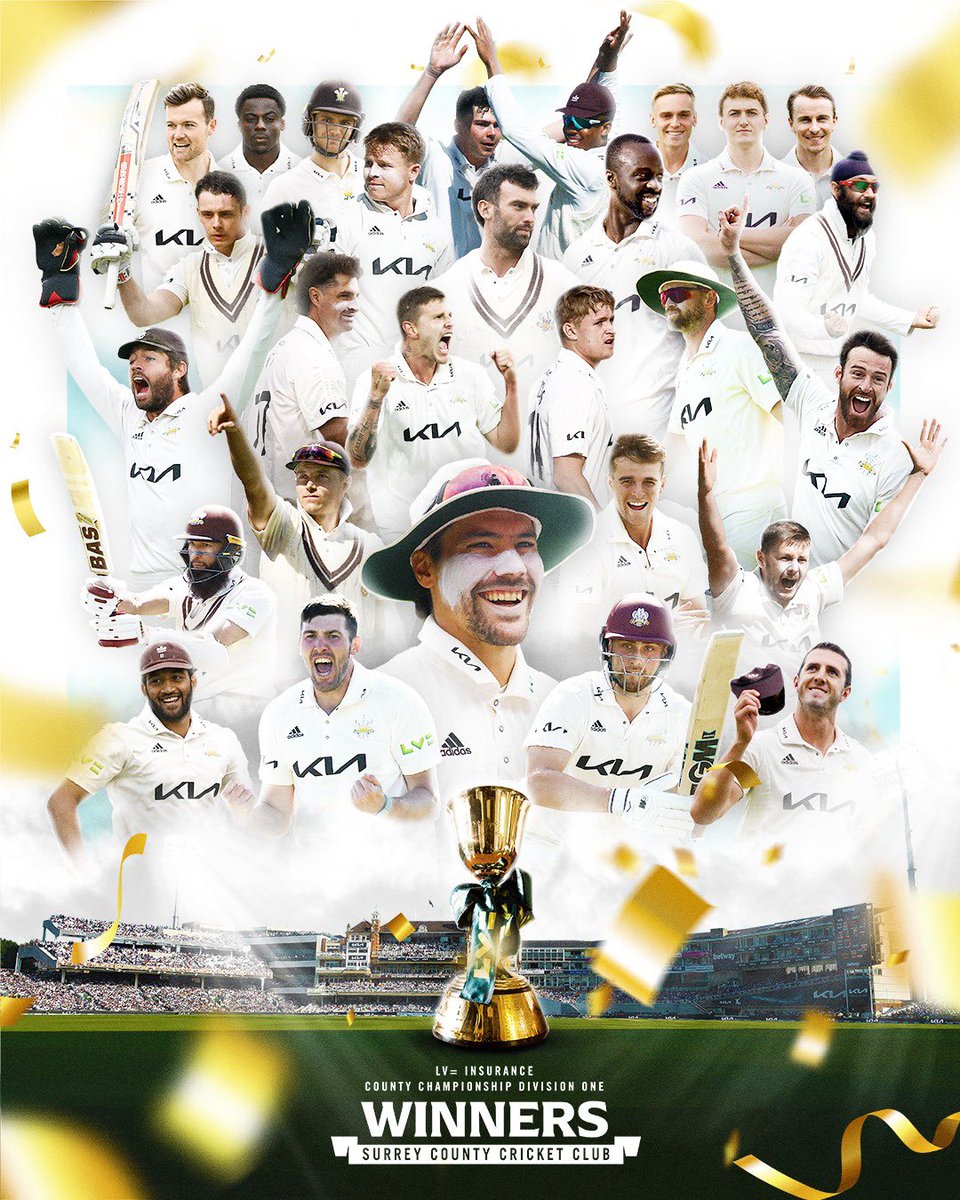 WE HAVE WON THE LV= COUNTY CHAMPIONSHIP DIVISION ONE AFTER VICTORY TODAY AGAINST YORKSHIRE. 

We will be officially crowned Champions next week at Lancashire when we’re presented with the trophy 🏆 

#SurreyCricket