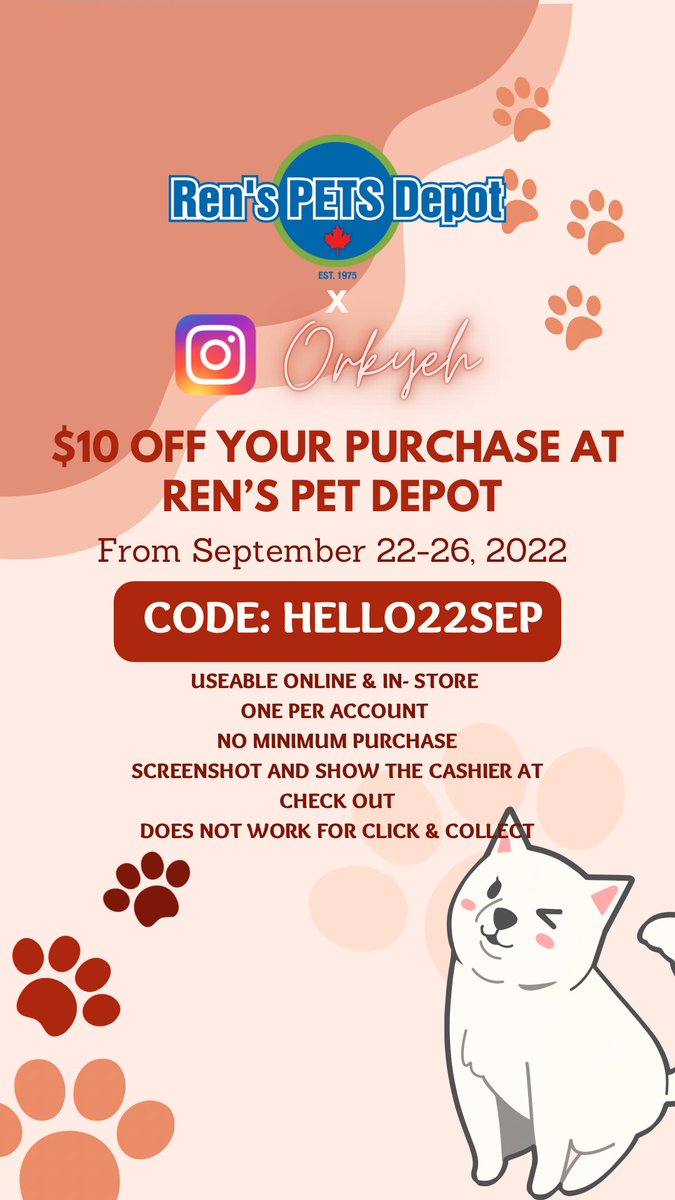OrkYeh's tweet photo. Ren’s pet depot get $10 off your purchase in store and online! 🇨🇦🍁 
Code: HELLO22SEP
From September 22-26, 2022 
No minimum purchase! https://t.co/jtQP4NifwJ
