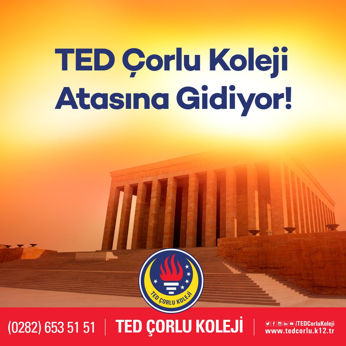 TED Çorlu Koleji Ailesi olarak 1 Ekim Cumartesi günü Anıtkabir’e giderek Ata’mızın huzuruna çıkacak, bize emanet ettiği Cumhuriyet kazanımları için ona şükranlarımızı, sevgi ve saygılarımızı sunacağız.