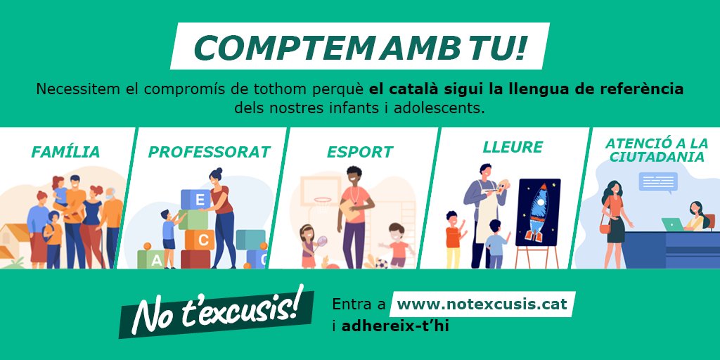 📢 Per normalitzar el català en l'àmbit juvenil, cal defensar la llengua des de tots els fronts.

📝 Signa la carta oberta a Notexcusis.cat i forma part de les més de 37.000 persones que ja han passat a l'acció.

🔥 Avui més que mai, #Notexcusis!