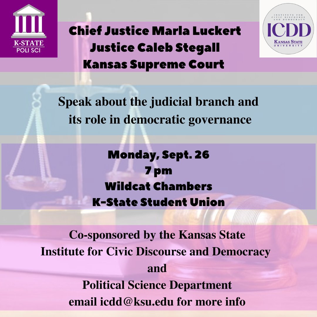 Join us next week for a special event! In co-sponsoring with <a href="/KSU_ICDD/">K-State Institute for Civic Discourse & Democracy</a>, Kansas Supreme Court Justices Marla Luckert and Caleb Stegall will be holding a forum on judicial independence on Sept. 26th at 7PM in the Wildcat Chambers! <a href="/KStatePreLaw/">K-State Pre-Law</a> <a href="/kstate_union/">KState Student Union</a>