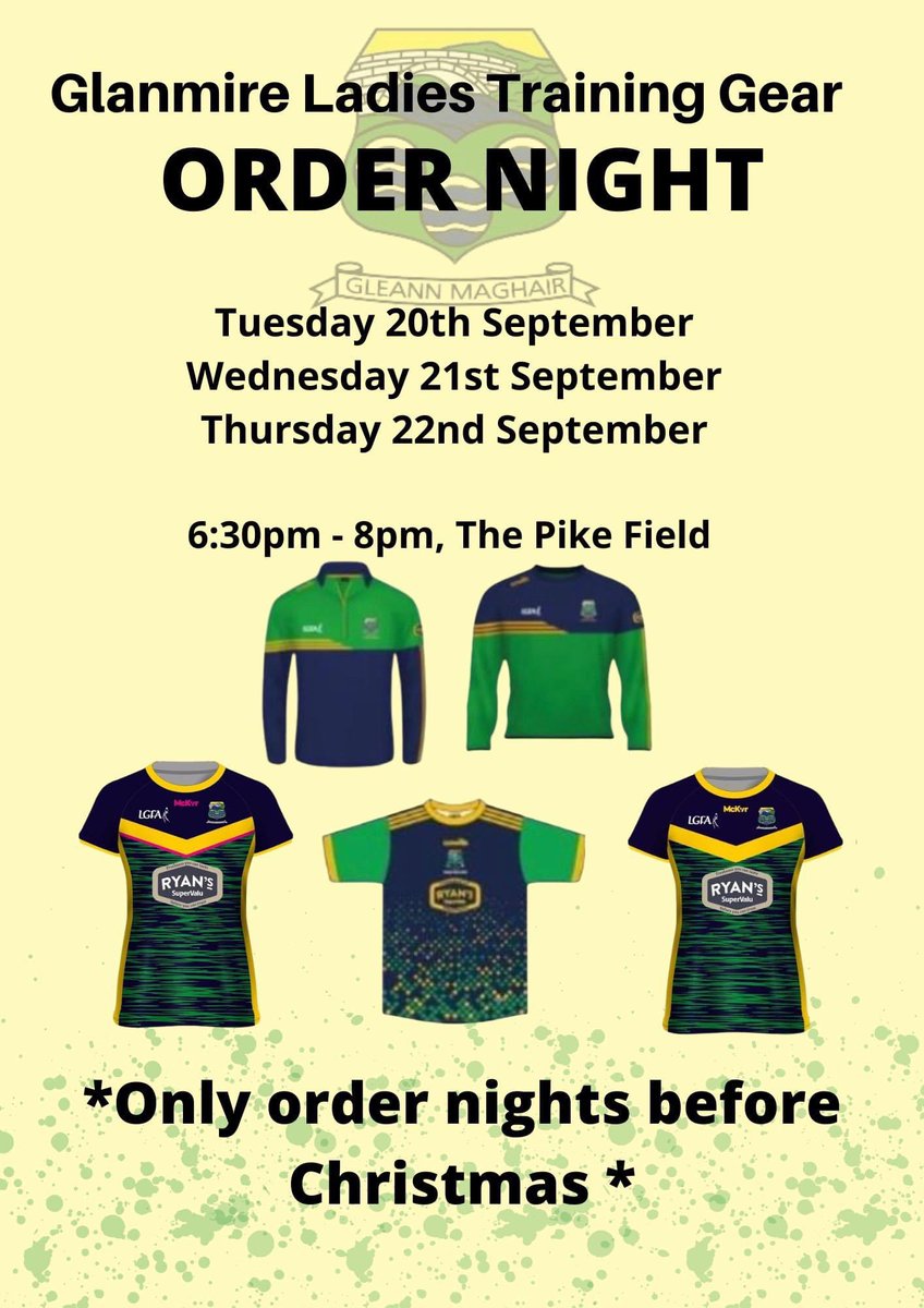 glanmireladies's tweet photo. Final night to get your order in for some new club gear. Make your way to the pike between 6.30 to 8pm. Get you & your kids togged out in our Fav colours πππ₯°π #OrderNewGear #ClubColours #ShowYourSupport @ryanssupervalu https://t.co/BB6Z9Yx6je