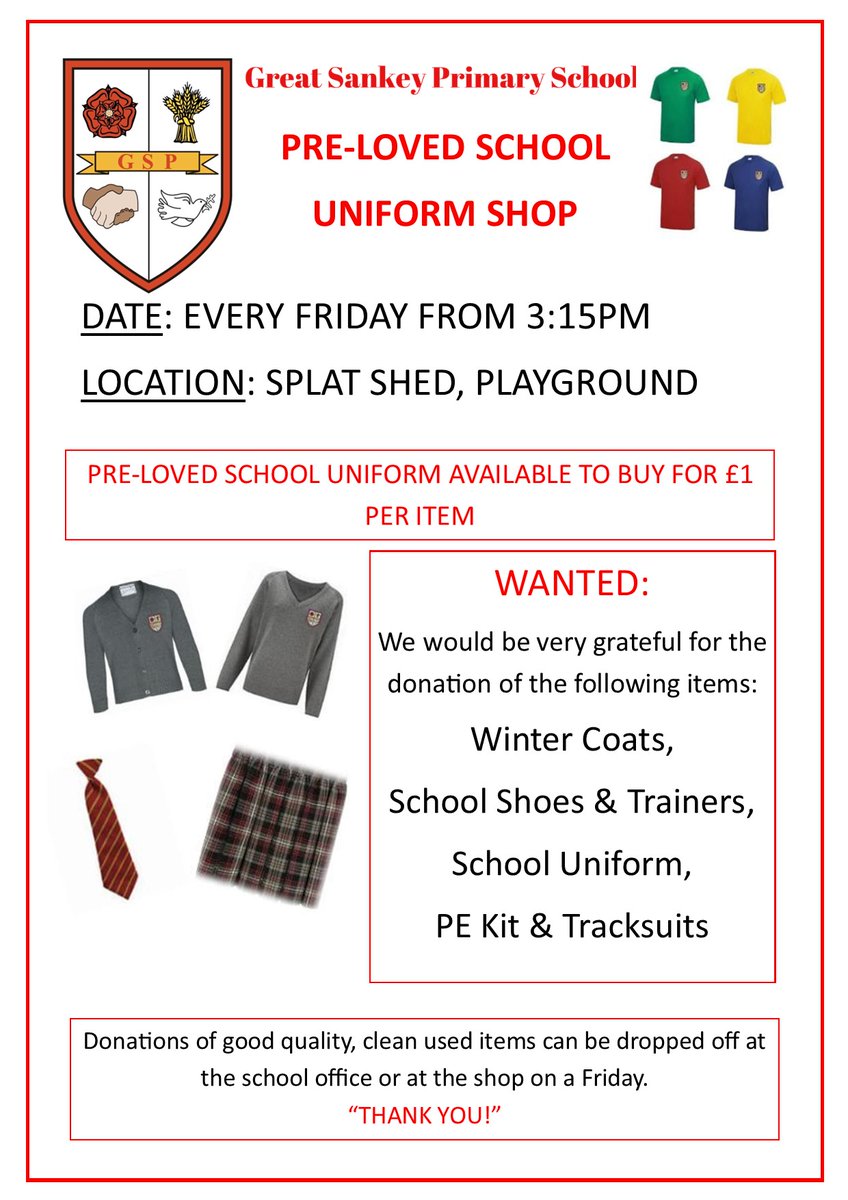 JaneLove07's tweet photo. @GtSankeyPrimary @gsp_nursery The Pre-Loved School Uniform Shop is taking shape in the Splat Shed. Open every Friday from 3:15pm. All items £1. https://t.co/jxdedKn6gx