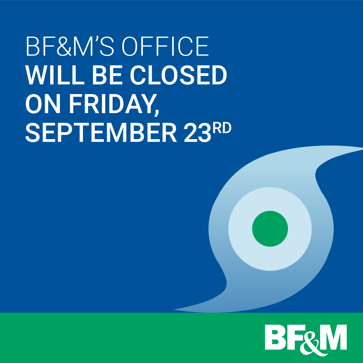 bfminsurance's tweet photo. With Hurricane Fiona making its way to Bermuda, please note that BF&amp;M’s office will be closed on Friday, September 23rd. We will reopen once we’re advised it’s safe to do so and will post updates as we monitor the progress of the storm. Please stay safe. #Bermunity https://t.co/5NNjjpHVjo