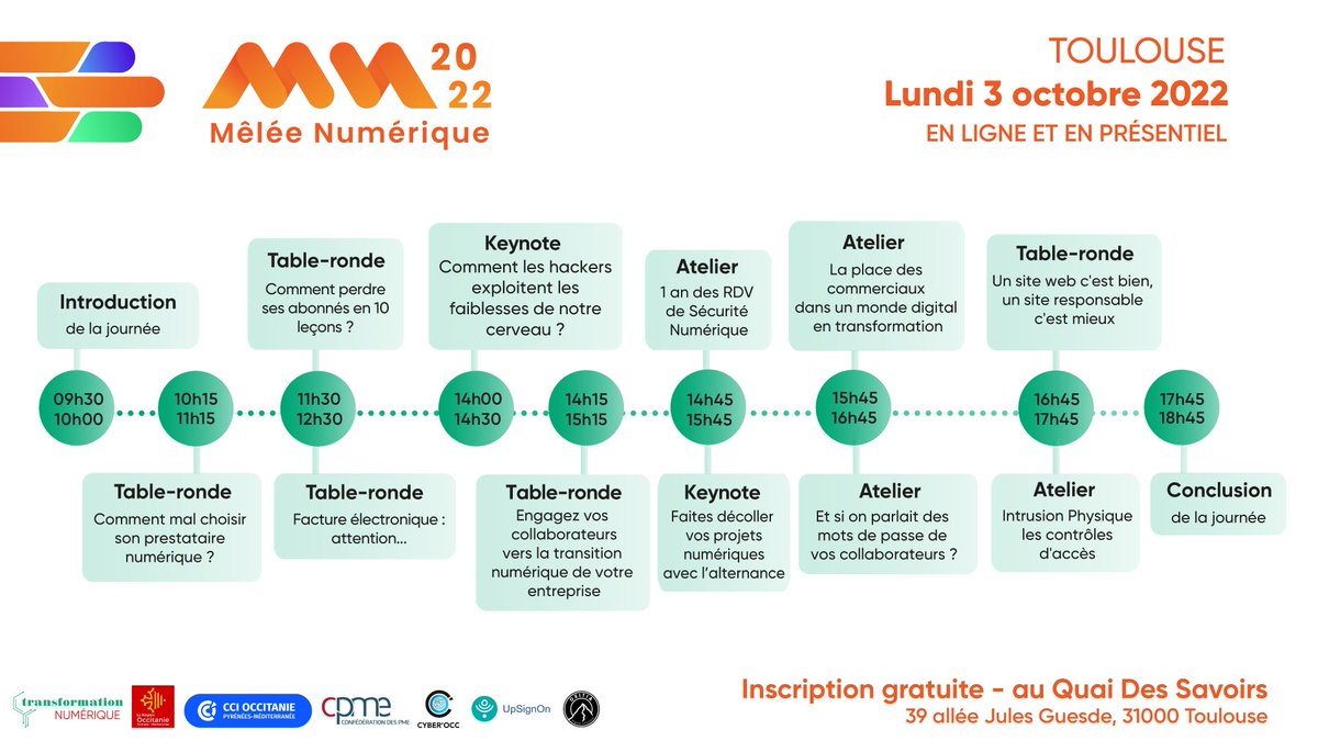 La_Melee's tweet photo. 🗓 [PROG - 3 OCTOBRE]

Journée #transfonum à la #MeleNum : 

- Table ronde "Bien choisir son prestataire numérique"
- Keynote animé par Romain Bouvet focus cybersécurité
- Ateliers collaboratifs dédiés: #cybersécurité #motdepasse 

 https://t.co/mX9slFEnbG https://t.co/FNYEBmuvFV