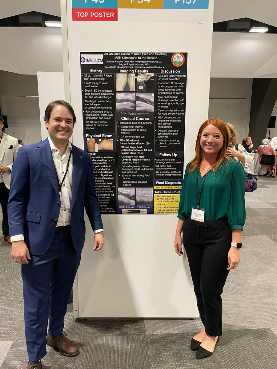 em_cmesl's tweet photo. Dr. Nehemesis Rivera,PGY-2 and Dr. Miguel Agrait with their poster (“An unusual cause of knee swelling”) at the Poster Session. Their poster was selected one of the top 25 outstanding posters! #MEMC22 #aaem #ponceem #EmergencyMedicine #SportsMedicine #pocus @cmesanlucas @aaeminfo https://t.co/czCaetxtUY