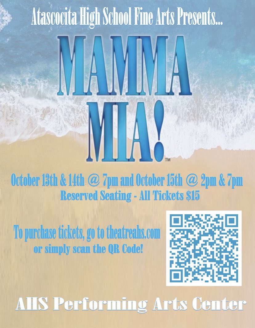 3 Weeks until OPENING NIGHT of ‘Mamma Mia’ !!! Don’t forget to scan the qr code below or click the poster at theatreahs.com to grab those tickets !! 🪩🕺🐚