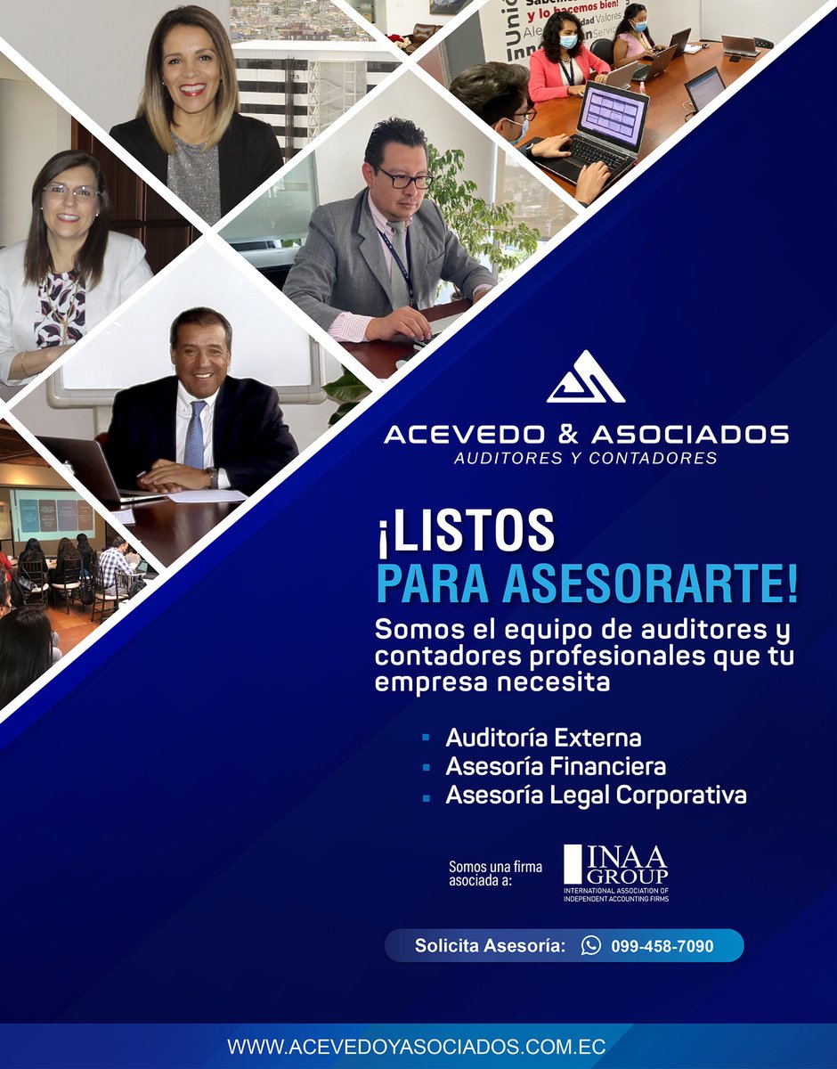 aya__group's tweet photo. ¡Entramos en un momento crucial del año! Es hora de tomar la decisión correcta. Acevedo y Asociados Somos la firma auditora que su empresa necesita. "Listos para asesorarte" #AuditoriaExterna #asesoriafinanciera #legalcorporativa 
Contáctenos: 0994587090 https://t.co/FqBBkWk9fE