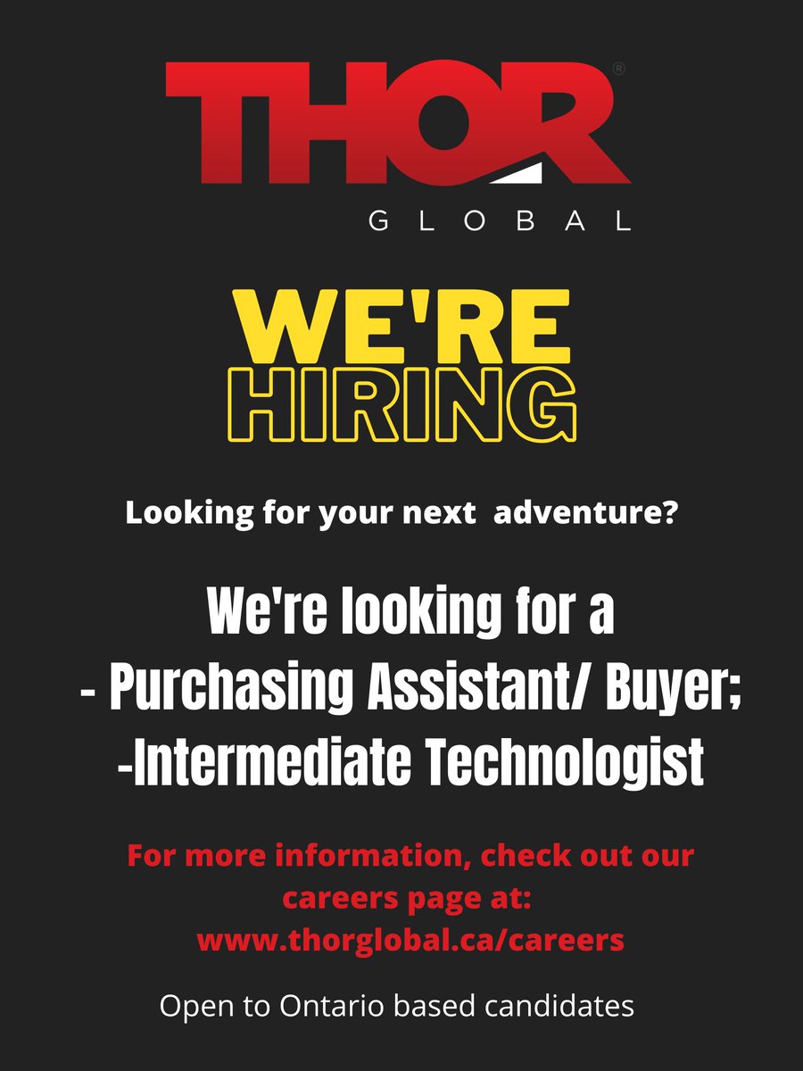 We're hiring and we would love to have you on our team. 👷‍♀️👷

Head over to thorglobal.ca/careers for more information. 📝
#THOR #THORGlobal #THORStacker #Hiring #Recruiting