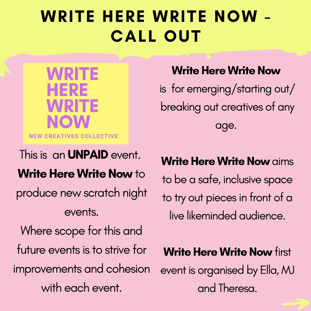 1/ WRITE HERE WRITE NOW - SCRATCH NIGHT CALL OUT! A THREAD
We are looking for new and emerging artists to come and share some work they have been working on at our brand new scratch night! 

SHARE SHARE SHARE 🌟

Please use this link to make a submission: docs.google.com/forms/d/e/1FAI…