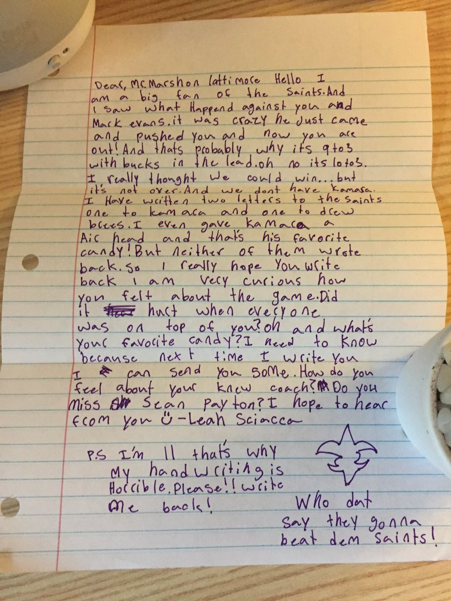 iamJudahBen's tweet photo. My 11-year old daughter is as passionate of a Saints fan as it gets. Last week’s shenanigans made her mad but she’s still behind @IGshonrp23 and her team @Saints. Here’s the letter she dropped in the mail this week. #WhoDat #Saints https://t.co/LGJr1zJpVd
