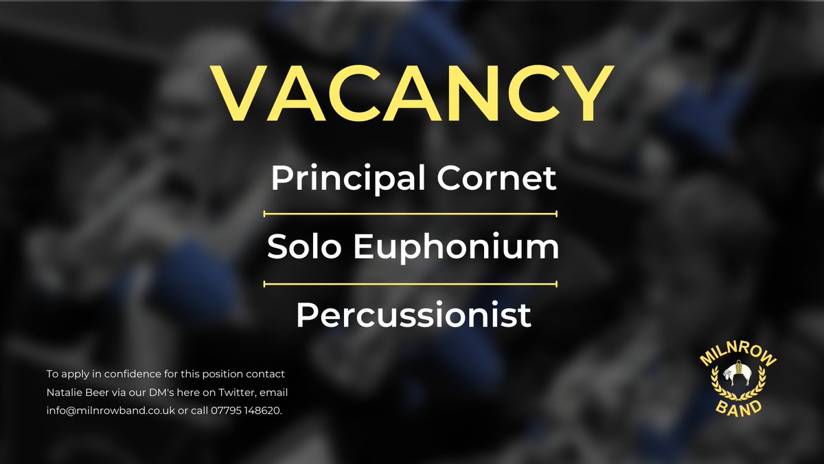 We are looking for 2 talented brass soloists and a skilled Percussionist to join our ranks as we embark on an exciting journey with our new Musical Director, Lee Skipsey.

If that sounds like something that might be a good fit for you then get in touch.

#vacancy #brassband