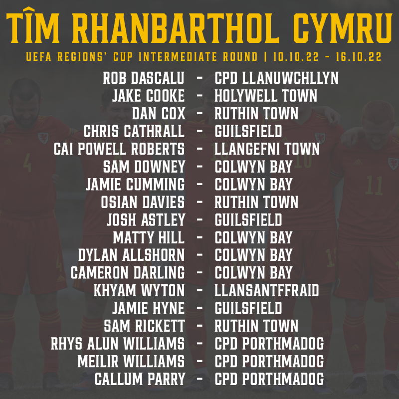 CymruLeagues's tweet photo. Tîm Rhanbarthol Cymru 🏴󠁧󠁢󠁷󠁬󠁳󠁿

Guy Handscombe has named his squad for the @UEFA Regions' Cup intermediate round in October.