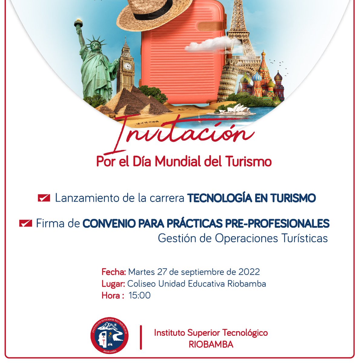 🏕🏖🏜Por el Día Mundial del Turismo ⛰🏝
El Instituto Superior Tecnológico Riobamba (el gran Insti), realizará:

👉💪1️⃣ Lanzamiento de nuestra carrera TECNOLOGÍA EN TURISMO 

👉💪2️⃣ Firma de CONVENIO PARA PRÁCTICAS PRE-PROFESIONALES(Gestión de Operaciones Turísticas)
<a href="/TurismoEc/">Viceministerio de Turismo Ecuador 🇪🇨</a>
