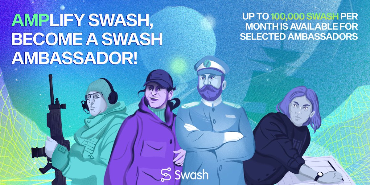 swashapp's tweet photo. AMPlify Swash by joining the #AmbassadorProgram, climbing the ranks, and earning rewards for your impact

Up to 100K $SWASH per month is available for selected ambassadors!

Read more + sign up👇
https://t.co/qovZVnFaGT

#Web3 #community https://t.co/A7uAbMV8T8