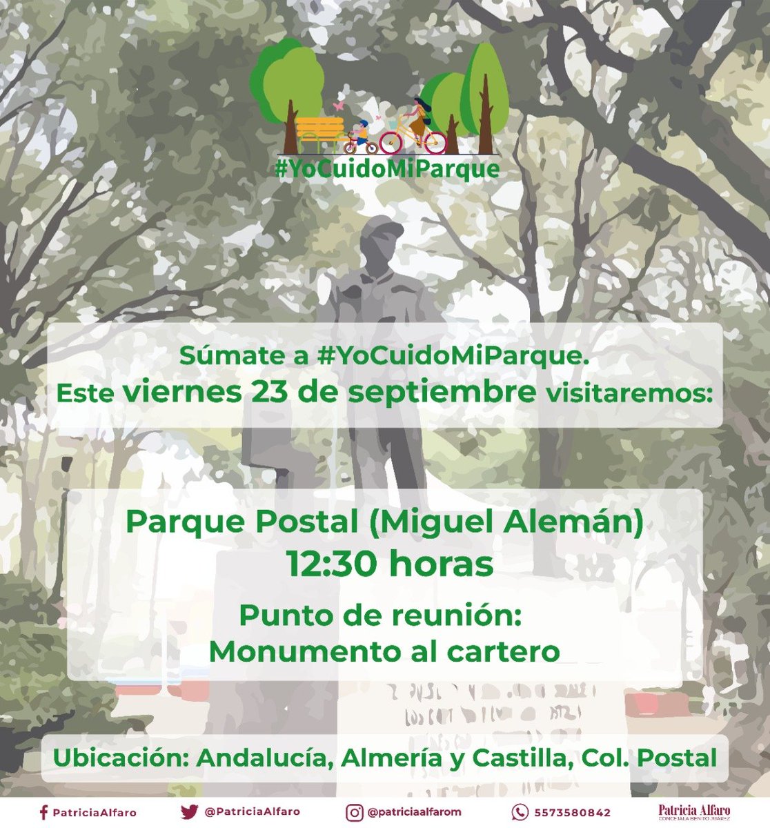 PatriciaAlfaro's tweet photo. ¡Vecina, vecino! Esta semana el recorrido que haremos será en el #ParquePostal. Acompáñanos y comparte tus sugerencias y comentarios para saber qué mejorarías de este parque.
#YoCuidoMiParque https://t.co/n45WvJpb3N