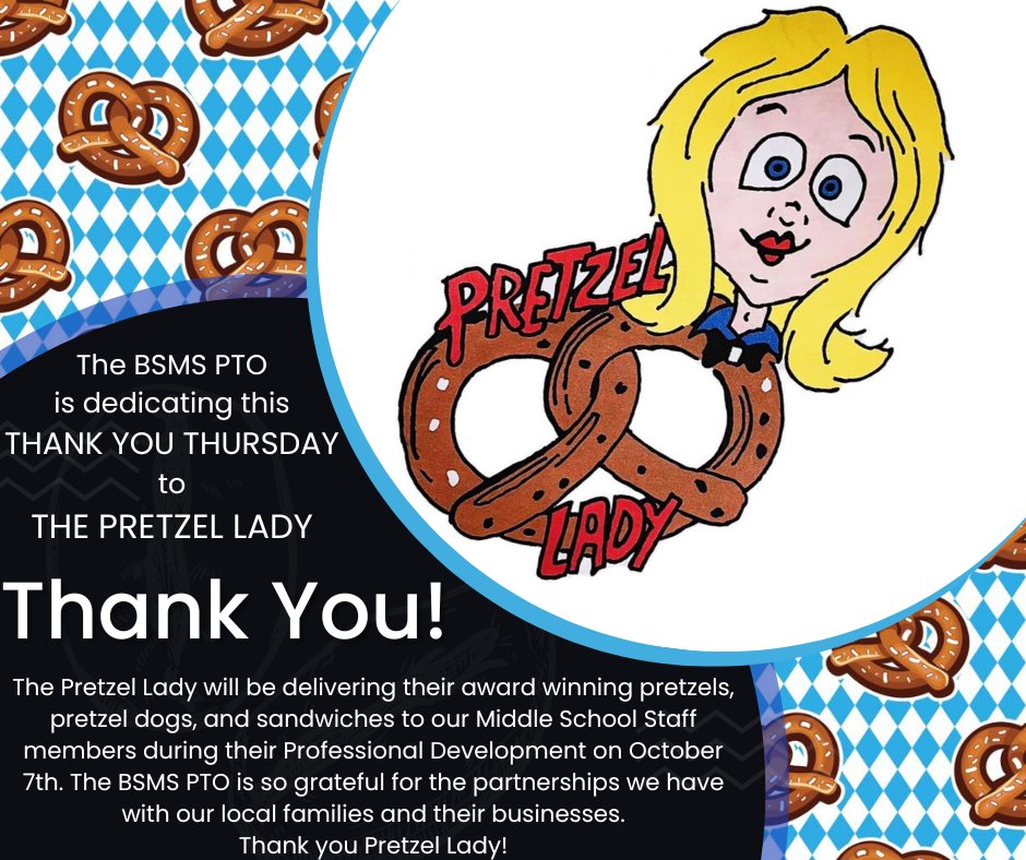 The BSMS PTO is dedicating this THANK YOU THURSDAY to THE PRETZEL LADY!
Their delicious pretzels can be found on weekends at the Hanover Market and Morning Sun Market, as well as at their food truck. 🥨❤😄#Thankyouthursday